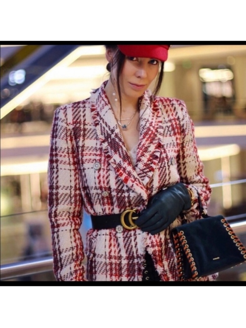 Zara Red and White Plaid Tweed Double-Breasted Blazer